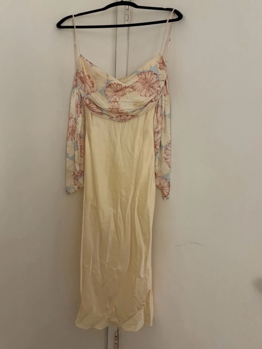 Mirror Palais Cream Slip Dress with Pink Floral Draped Bodice